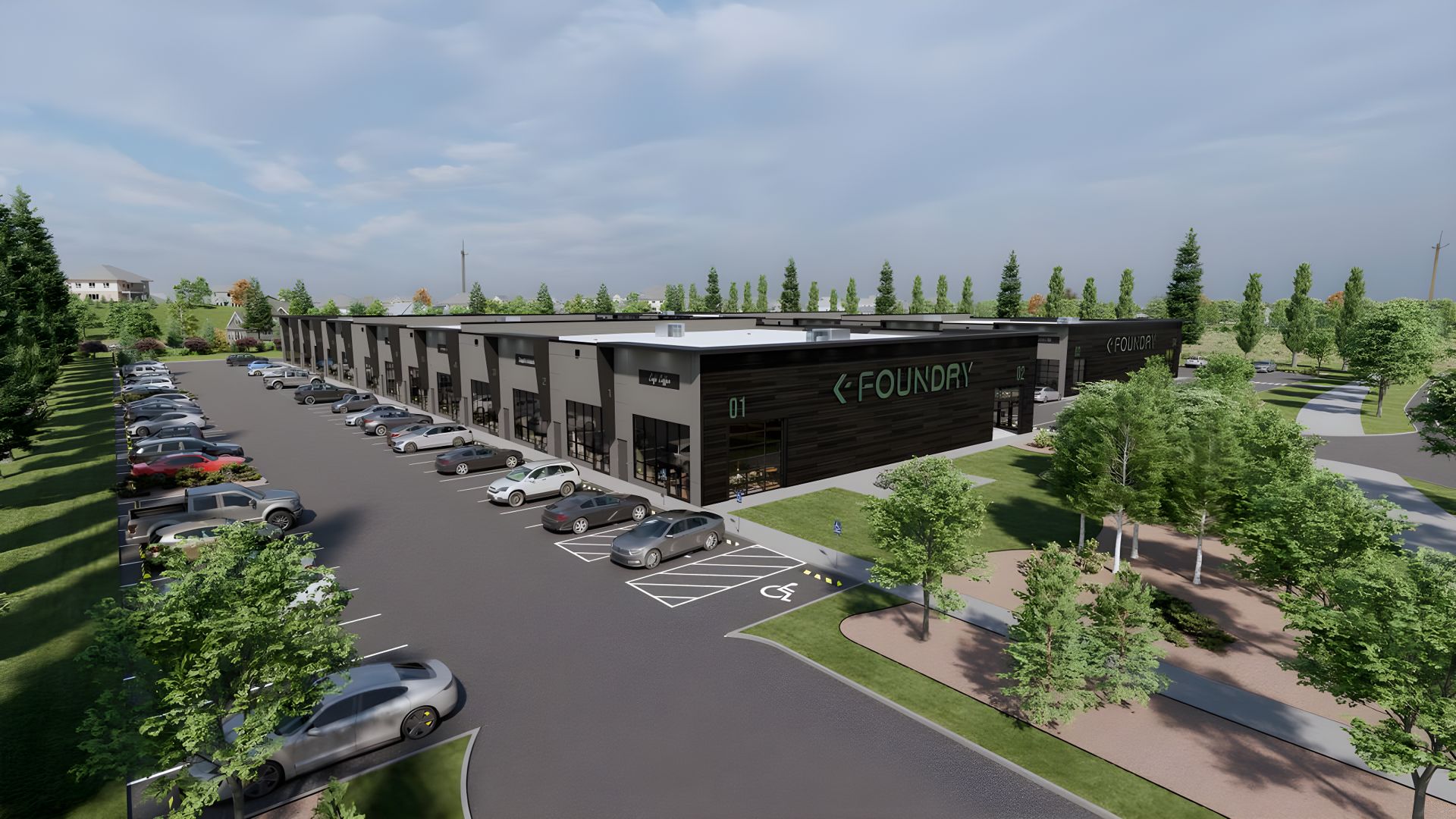 Aerial rendering of the Foundry Okotoks from the southwest, showing both buildings and the parking field