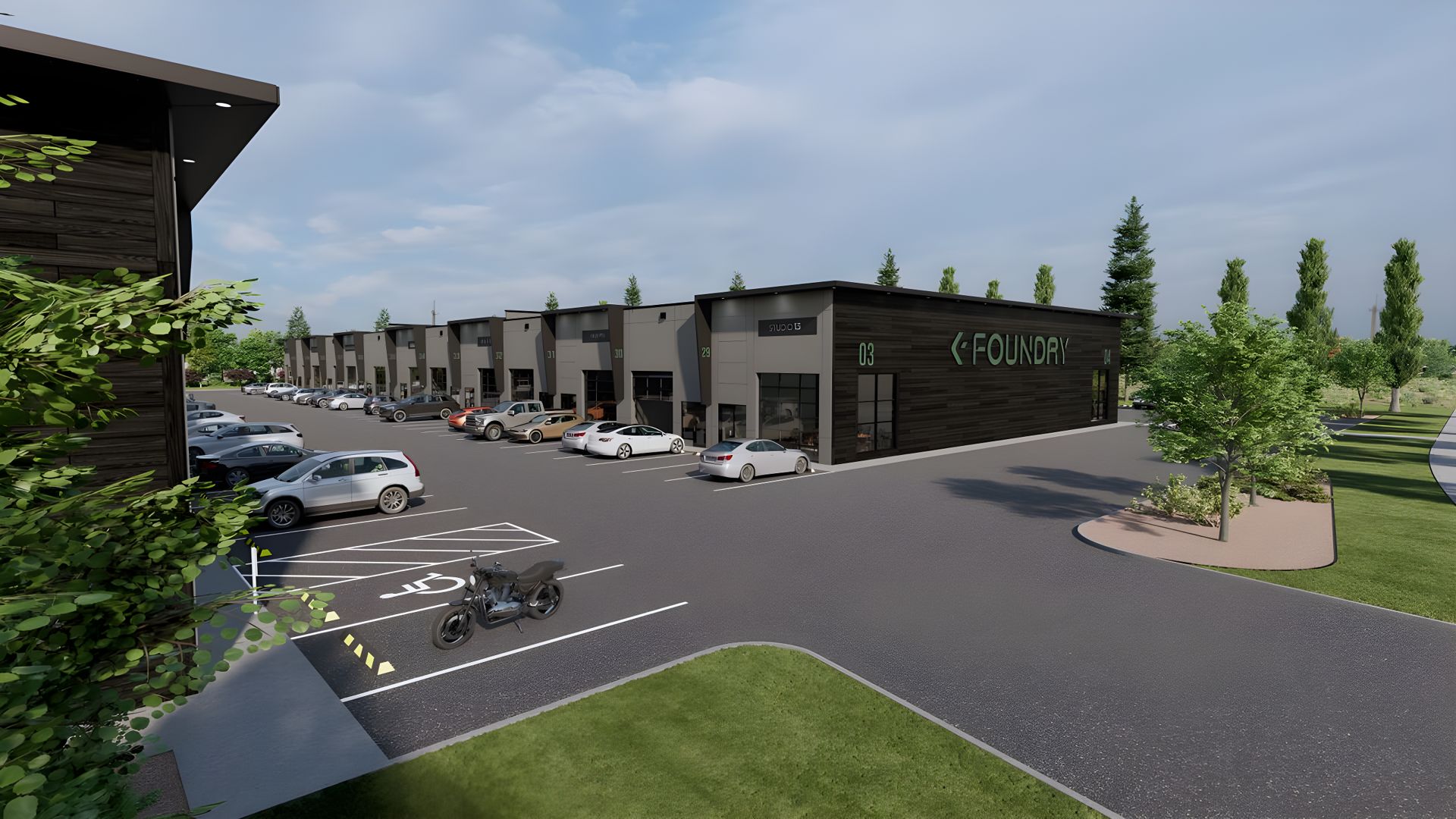 Street-level rendering of Building 03 with cars parked at the storefronts