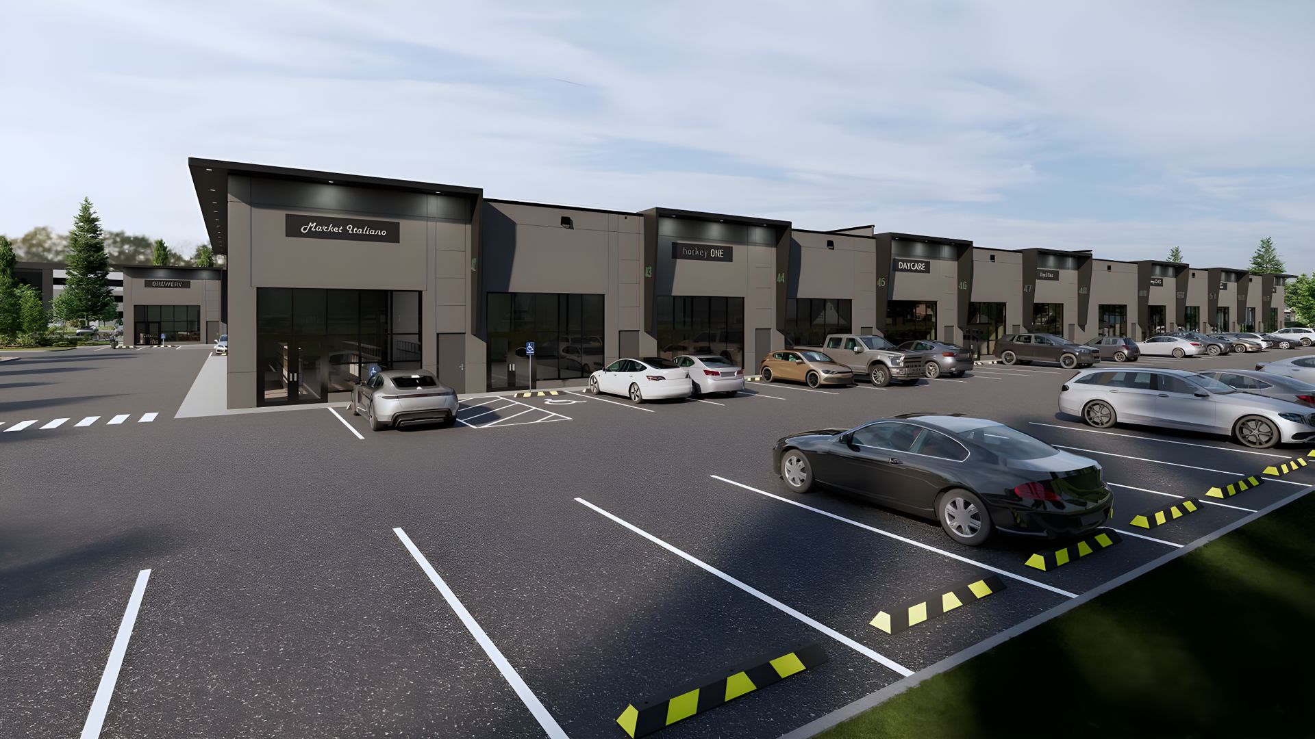 Rendering of the Building 04 corner unit with a glass storefront and crosswalk