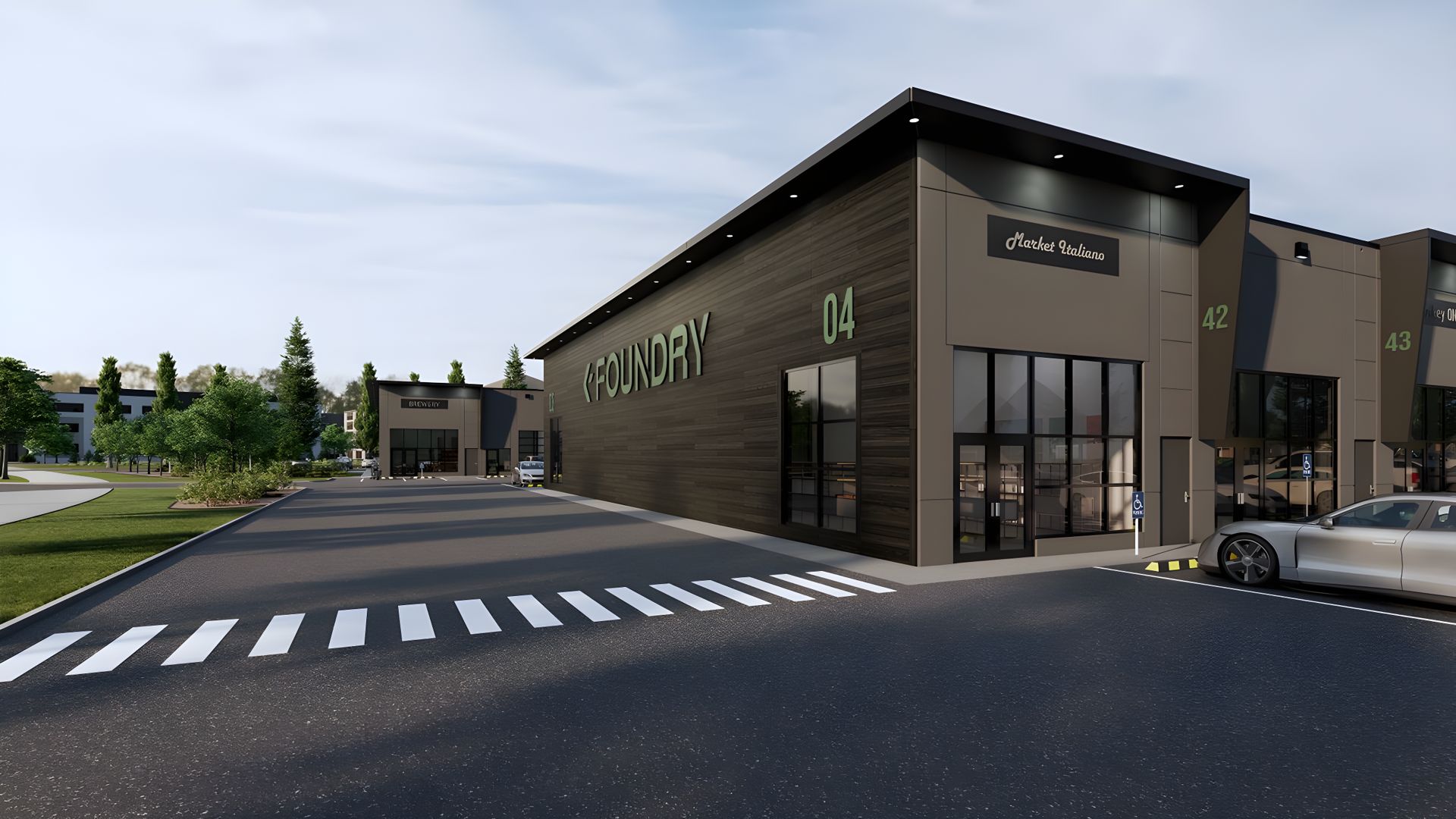 Rendering of the drive lane between buildings with storefront glazing on both sides
